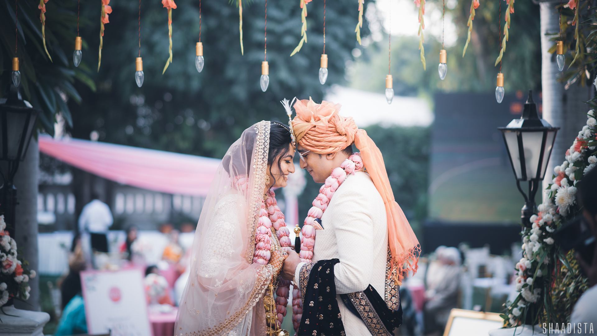 Bride close-up with bokeh lights – cinematic bridal photography Delhi Shaadista
